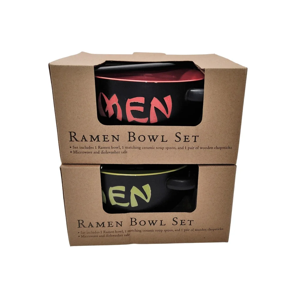 World Market Japanese Ceramic Ramen Bowls + Utensils Set of 2